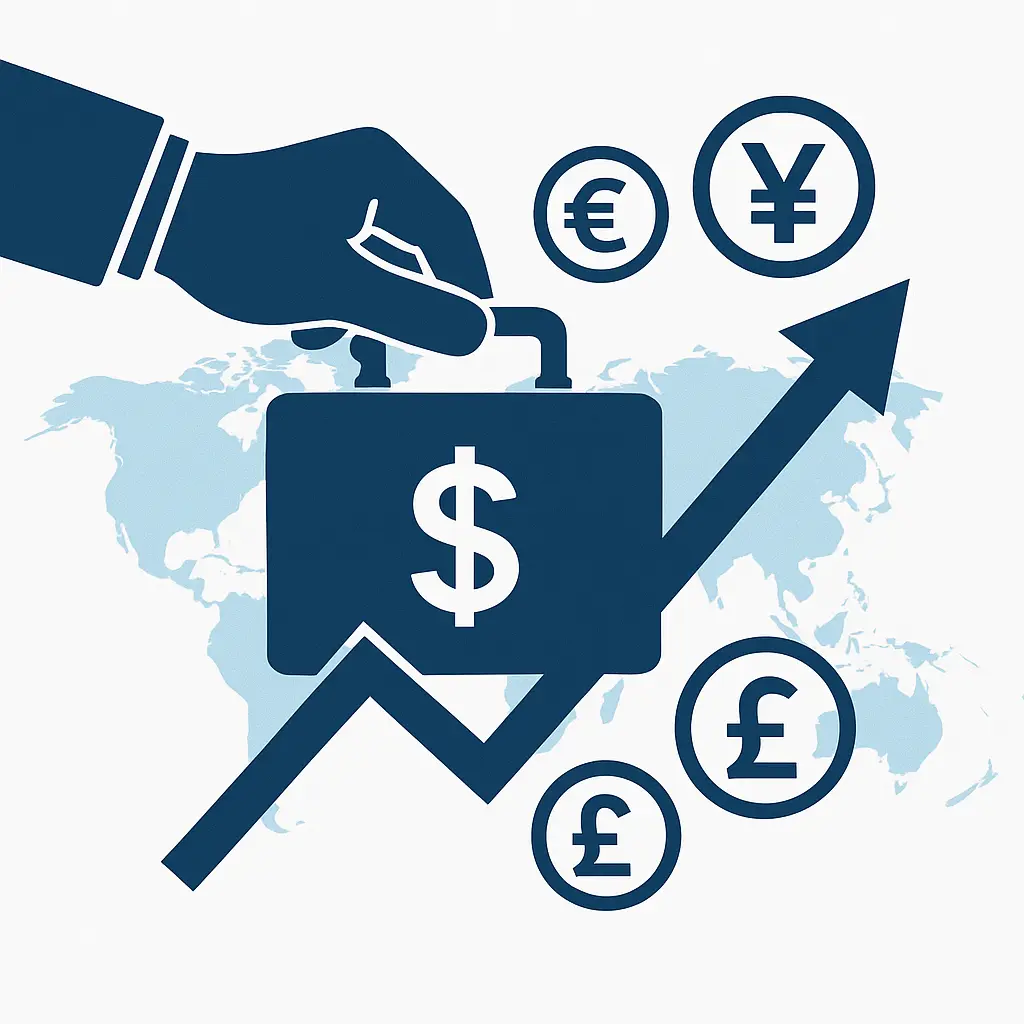 International currency trading illustration showing financial rise and global money flow
